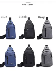 Three men's oxford fabric chest bags in blue, black, and grey with adjustable straps