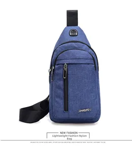 Detail view of durable blue Oxford nylon fabric and multiple zippers on the chest bag