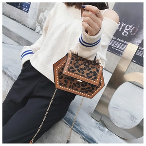 Detailansicht einer sechseckigen Tasche mit Leopardenmuster, Goldnieten und Kette