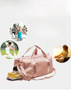 Detail of pink travel bag showing separate bottom compartment for sports shoes