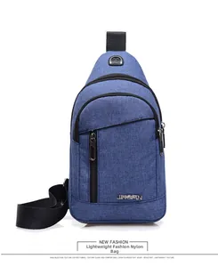 Detailed view of blue nylon sports chest bag with JINGPIN logo and zipper pockets