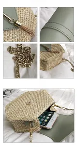 Detail view of woven hexagon crossbody bag showing interior capacity and magnetic closure