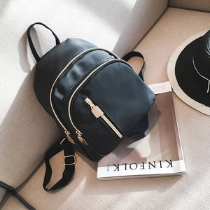 Sac à Dos Minimaliste en Tissu Oxford Noir pour Femmes Fermeture Éclair Dorée Vintage Petit Sac de Voyage Étudiant École