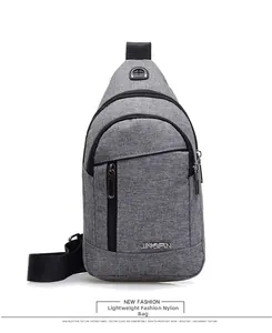 Detail showing grey nylon fabric texture and zipper pocket on a stylish chest bag