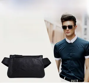 Close-up of premium black top layer cowhide leather texture and zipper of the men waist bag