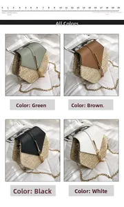 Detail showing handwoven straw crossbody bags in green, brown, black, and white colors