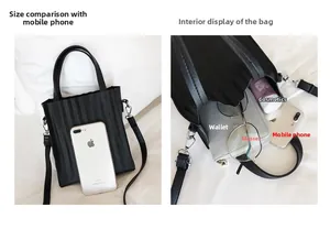Détail du sac cabas noir plissé montrant la capacité intérieure et comparaison de taille