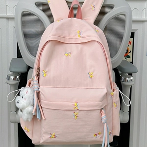 Cute Embroidered Bow Backpack For Girls High School Student Nylon Large Capacity Versatile Travel Daypack With Plush Dog Pendant
