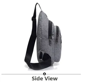 Side view of gray crossbody chest bag with multi-layer zippers and adjustable strap