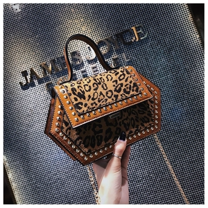 Makro-Detail der sechseckigen Tasche mit Leopardenmuster, Silbernieten und Kette
