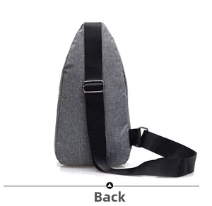 Rear view of grey fabric chest bag showing textured knit material and adjustable strap