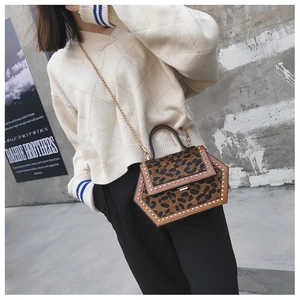 Detail der sechseckigen Tasche mit Leopardenmuster, Goldnieten und Metallkette