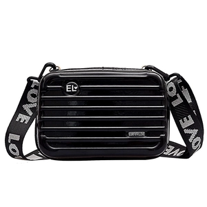 Mini suitcase crossbody bag in black hard shell with wide lettered strap