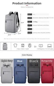 Detailed chart of laptop backpack showing dimensions, 15.6 inch capacity and color options