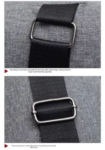 Detail of durable D-ring hardware and adjustable nylon strap on a grey crossbody bag