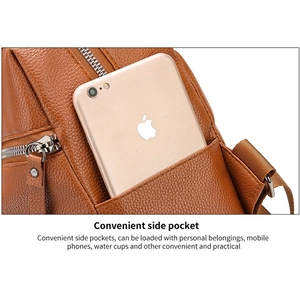 Close-up of caramel brown backpack featuring a convenient side pocket for smartphones