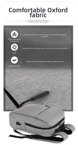 Detail of grey oxford laptop backpack side view with integrated USB charging port