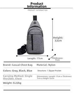 Detailed technical diagram of a nylon chest bag with 17x7x32cm dimensions and features