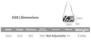 Size chart showing 21x12x6cm dimensions for the cow print PU leather baguette bag