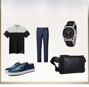 Flat lay of men's casual outfit featuring black leather waist bag and matching accessories