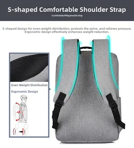 Detail of ergonomic S-shaped shoulder straps and breathable mesh padding on grey backpack