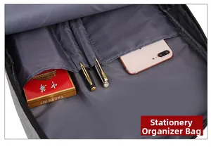 Detail of the internal organizer pocket with slots for pens and electronic accessories