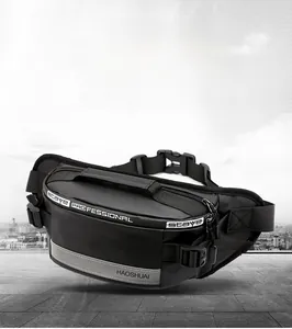 Detail of black waterproof waist bag with reflective stripes and multi-layer zippers