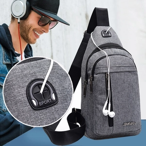 Men Casual Nylon Oxford Chest Bag With Headphone Hole Fashion Sport Sling Bag Adjustable Strap Multi Pocket Crossbody Bag