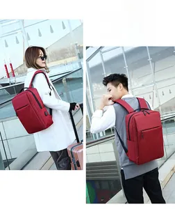 Red business laptop backpack with USB charging port shown in urban street style scenes