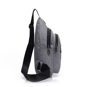 Men's stylish grey plaid chest bag with dual zippers and adjustable nylon strap