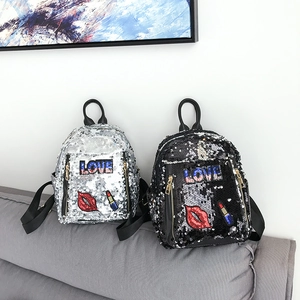 Fashion Sequin Backpack For Women PU Leather Lips Lipstick LOVE Embroidery Patch Korean Style Schoolbag For Teen Girls