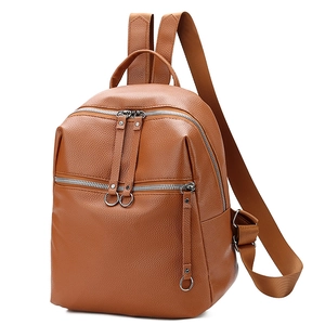 Brown faux leather backpack with pebbled texture and metal ring zippers for women