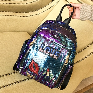 Gradient sequin mini backpack with LOVE patch and red lip embroidery for women
