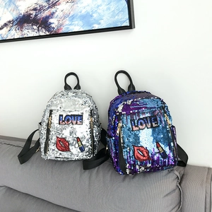 Fashionable sequin backpacks for women featuring LOVE patches and trendy lip embroidery