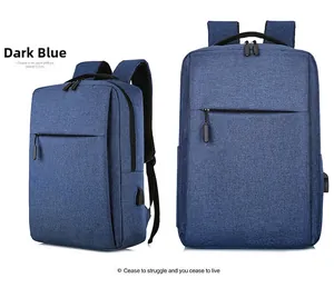 Detail view of navy blue business backpack with external USB charging port and side pocket