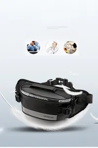 Detail view of a lightweight 0.25KG black running fanny pack with reflective safety strip