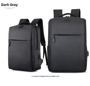 Front and side view of dark gray oxford commuter backpack with front zipper pocket