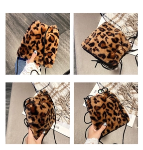 Detailed close-up views of small faux fur leopard print bucket bag with drawstring closure