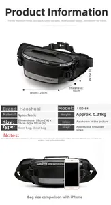 Detailed size specifications and phone comparison for the black nylon professional waist bag