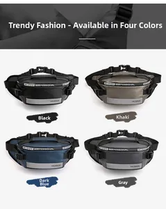 Detailed comparison of 4 sports waist bags in black, khaki, dark blue, and grey