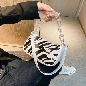 Women Vintage Zebra Cow Print PU Leather Underarm Bag Fashion Baguette Shoulder Bag With Transparent Acrylic Chain Detail