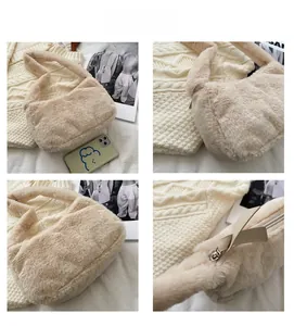 Detail shot of the beige fuzzy shoulder bag showing soft plush texture and zip closure
