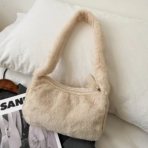 Women Minimalist Plush Underarm Bag Soft Artificial Fur Shoulder Bag Trendy Solid Color Purse Autumn Winter Party Bag