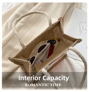 Internal view of the burlap tote bag showing space for phone, sunglasses and lipstick