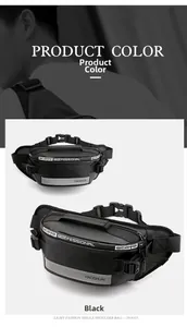 Detail view of black waist bag showing water-resistant fabric and reflective safety strip