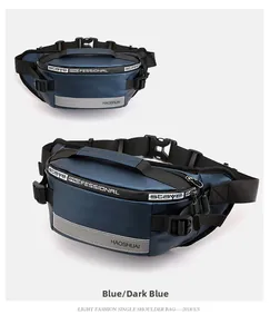 Detail of dark blue waterproof nylon waist bag with reflective strip and buckle