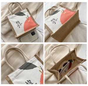 Detail view of canvas and jute tote with orange print showing interior capacity and texture