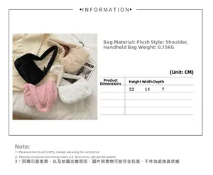 Detailed sizing table and specifications for plush faux fur underarm shoulder bag