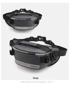 Detail view of water-resistant gray waist bag showing reflective strips and buckle