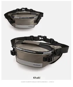 Detail of khaki waterproof nylon waist bag with adjustable strap and reflective strip
